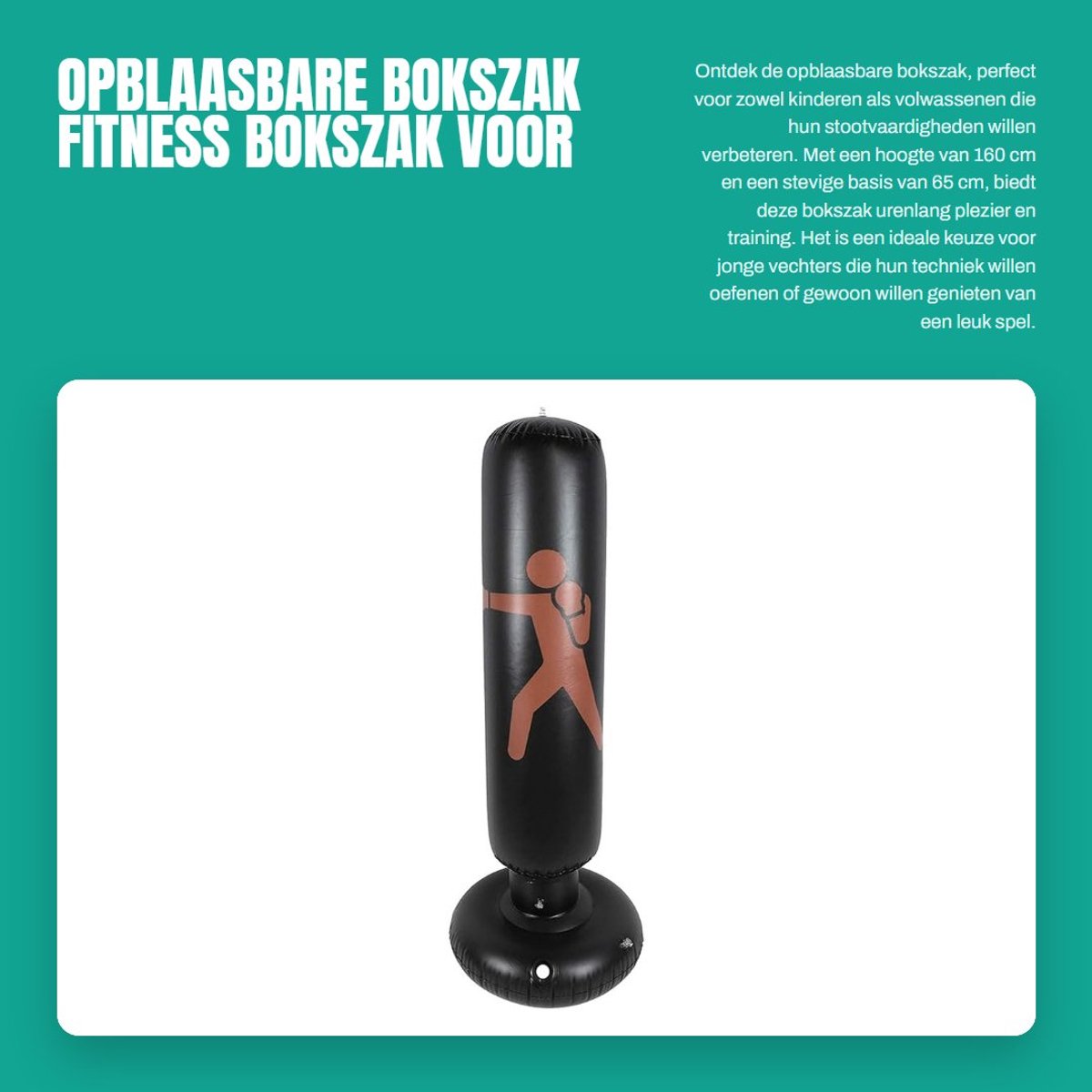 Dailygoods- Bokszak Opblaasbaar 160 cm - Fitness Speelgoed - Stabiele Basis 65 cm - Geschikt voor Kinderen/Volwassenen - Robuuste Structuur - Veilig PVC - Opblaasbare Bokszak