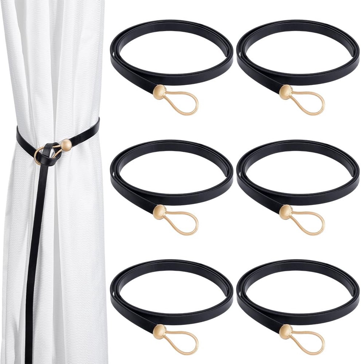 Dailygoods- Gordijnhouders 6 Stuks - PU-leer - Antislip - Decoratief Touw - Muurbevestiging Vrij - 1136 mm Lang - Geen Gereedschap Nodig - Gordijnkoorden