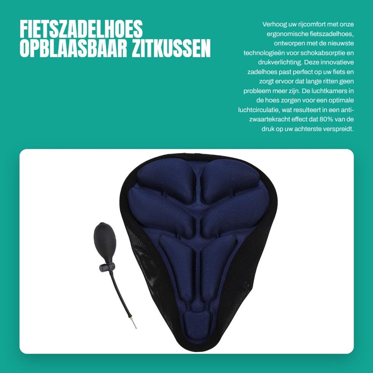 Dailygoods- Fietszadelhoes Schokabsorberend - Opblaasbaar Zitkussen - Antislip - Ergonomisch Design - Universeel - 3 cm Dikte Airbag
