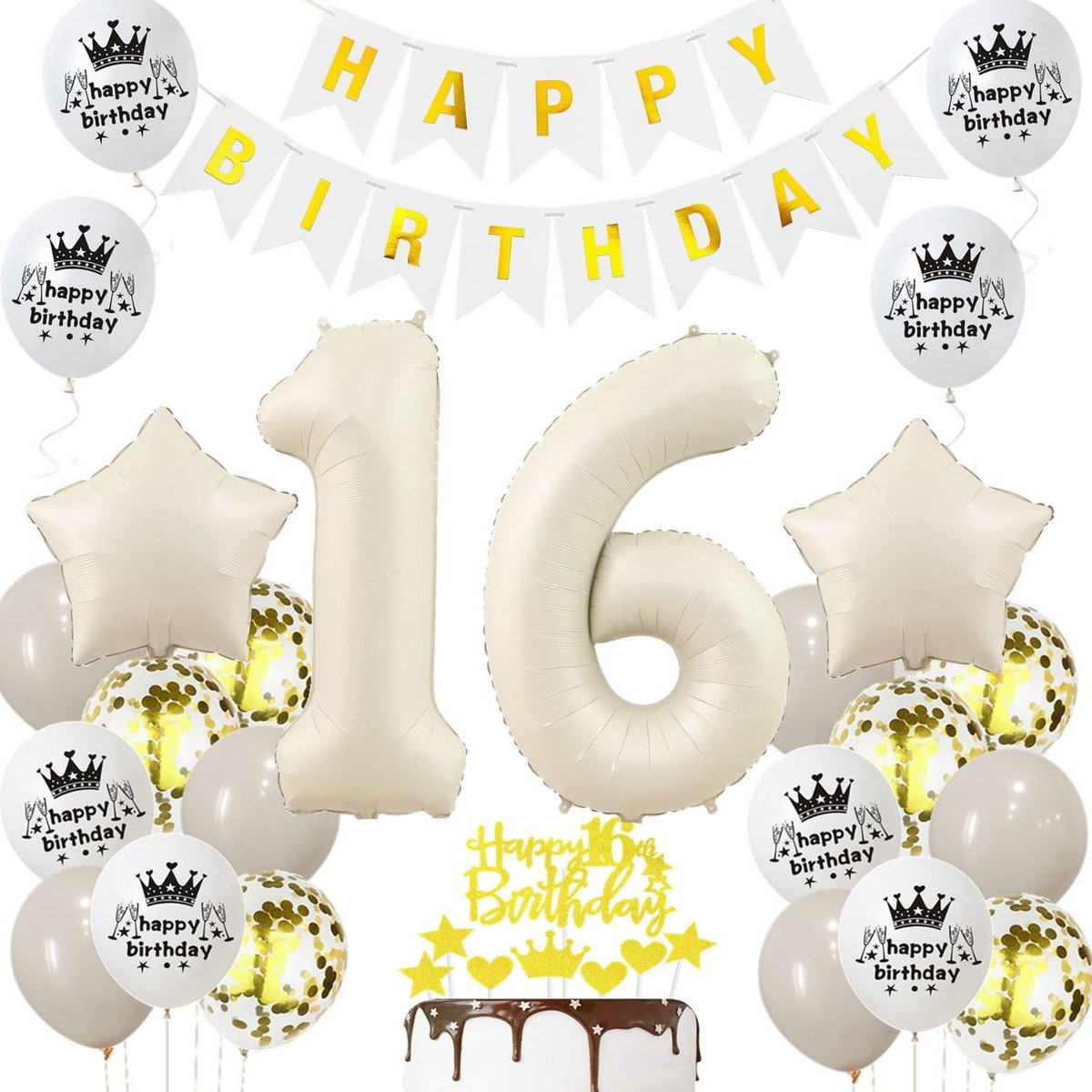 Dailygoods- Ballon 16e Verjaardag - Verjaardagsdecoratie Beige/Goud - 32 Inch Ballon - 6 Zandwitte Ballonnen - 6 Gouden Ballonnen - 8 Witte Ballonnen