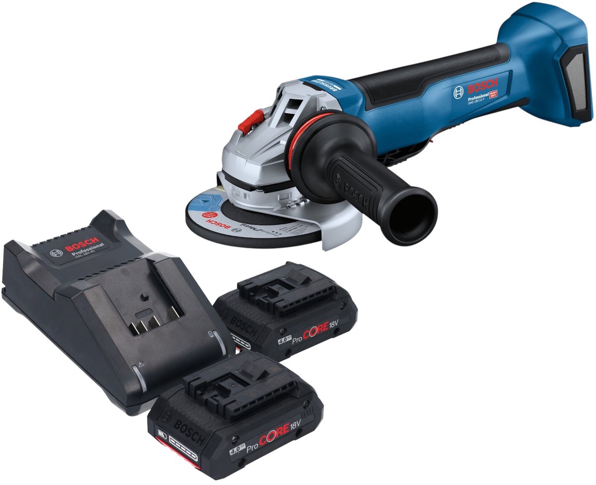 Bosch GWS 18V-10 P Professional accu-haakse slijper 18 V 125 mm borstelloos + 2x ProCORE-accu 4,0 Ah + oplader