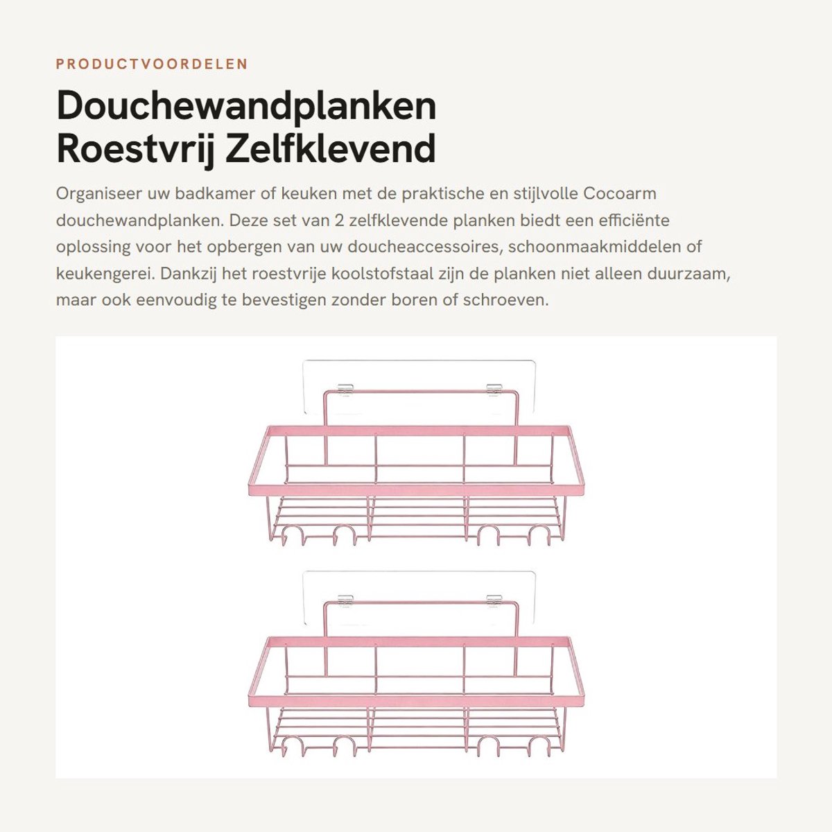 Dailygoods- Douchewandplanken 2 Stuks - Roestvrij Staal - Zelfklevende Haken - Doucheopslagorganisator - 30x11,5x6cm - Eenvoudige Installatie - Opbergplanken