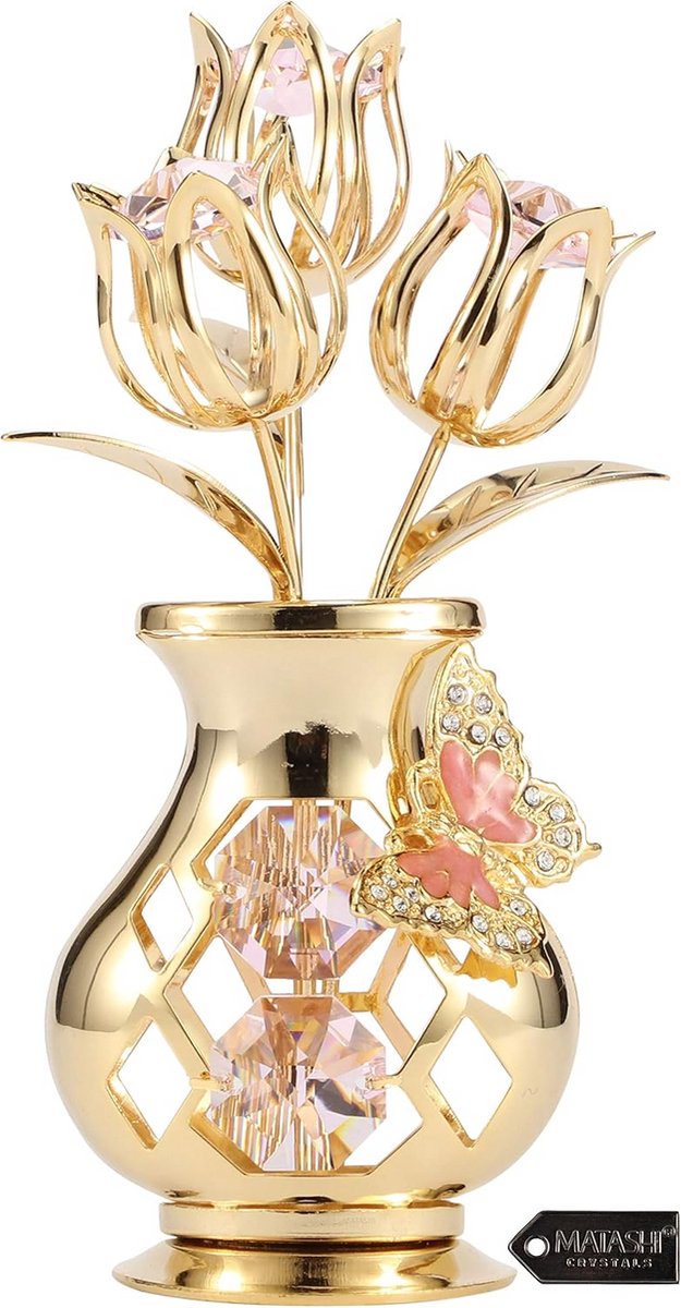 Bloem Ornament - Kristallen Vaas - Huis Verfraaien - Vergulde Tulpen - 8.89 cm Hoog - Goud Roze