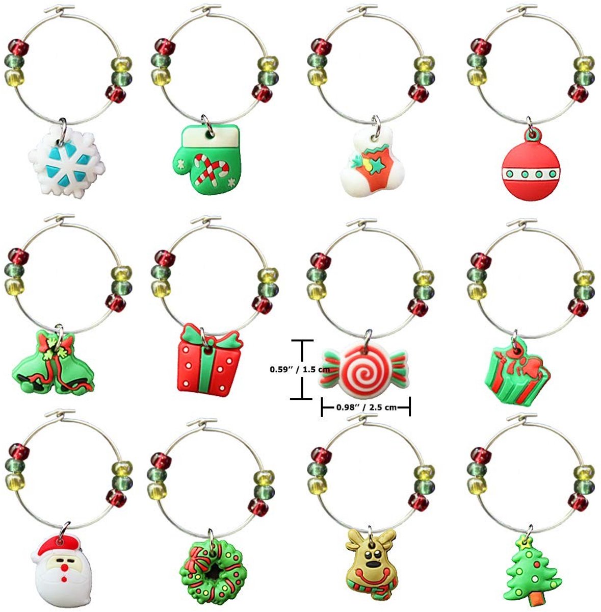 Dailygoods- Wijnglas Charms 12 Stuks - PVC Kerst Thema - Drink Markers - Wijn/Cocktail/Champagne - Decoratie - Herkenning - Wijnmarkers