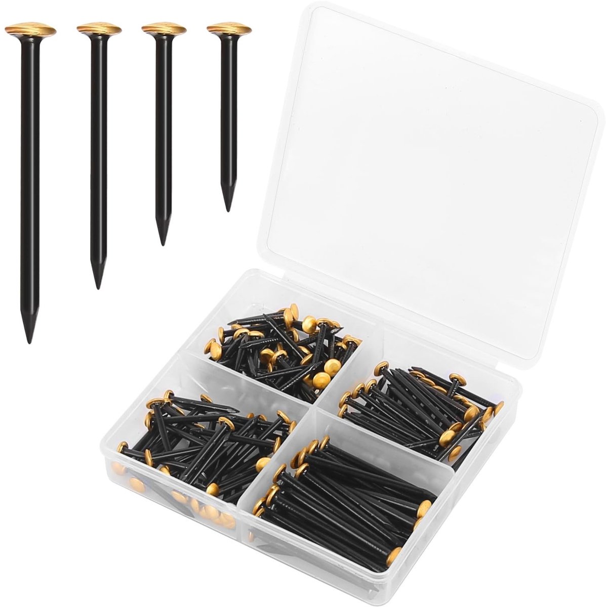 Dailygoods- Fotospijkers 150 stuks - Roestvrij Stalen Nagels - Goudkleurige Kop - Verschillende Maten 20/25/30/40 mm - Antiroestcoating - Inclusief Sorteerdoos - Hangspijkers