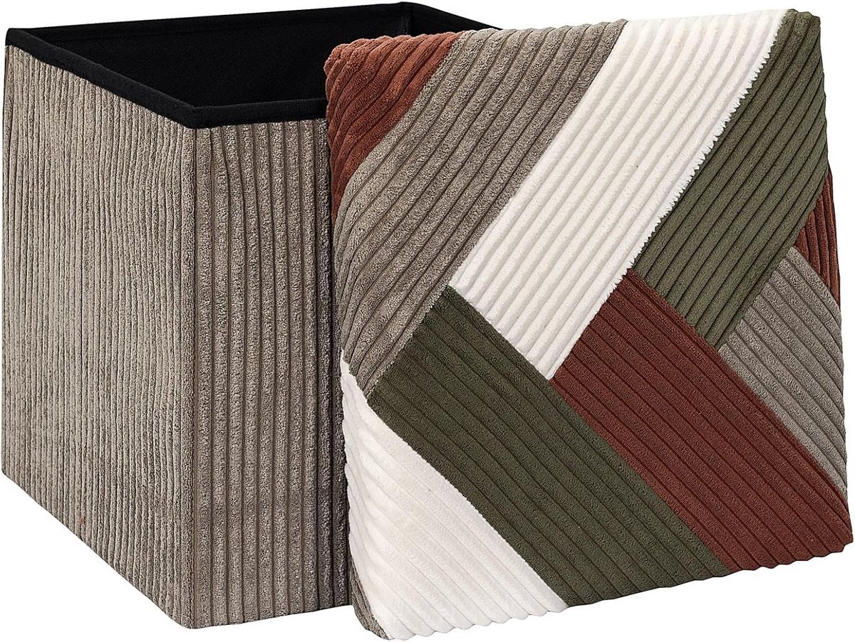 Opbergpoef - Zitbank Poef - Ruimte Besparen - Patchwork Ribfluweel - 38x38 cm - Multicolor