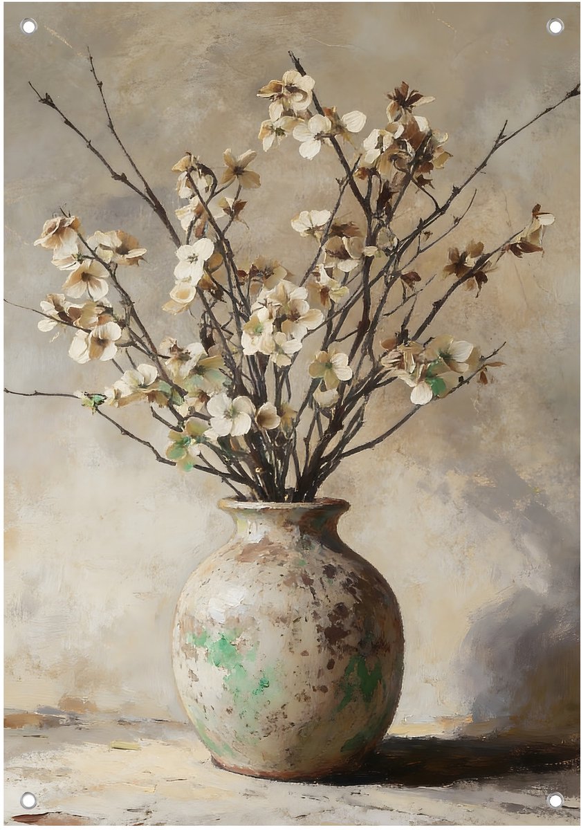 Muurdecoratie Japandi Vaas - Stilleven - 35x50 cm - Minimalistische Wanddecoratie - Neutrale Tinten - Tuindoek - Tuinposter