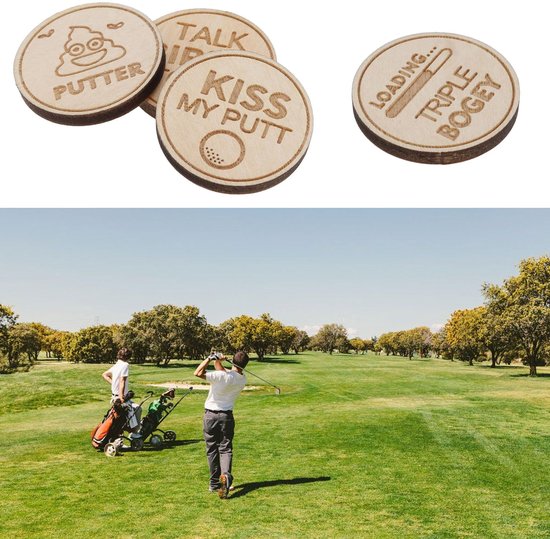 SnelShoppen - Set van 8 Golf Markers Houten Met Humor Laser Gegraveerd Voor Putting Green - 25mm Rond, Leuke Ontwerpen, Ideaal Cadeau Voor Golfliefheb van Snelshoppen — afbeelding 5
