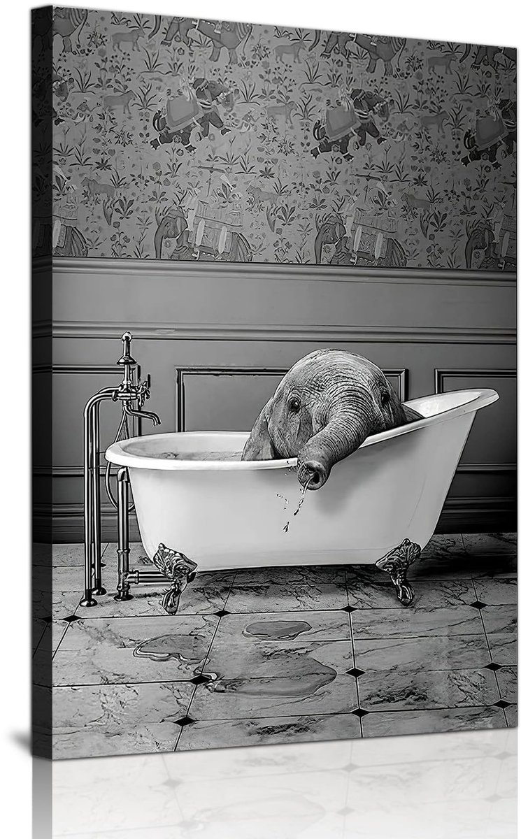 Dailygoods- Wandafbeeldingen Hoogwaardige Badkamerfoto - Zwart-Wit Dier - Grappige Prints - Canvas Poster - Kunst - Waterdicht - Muurkunst