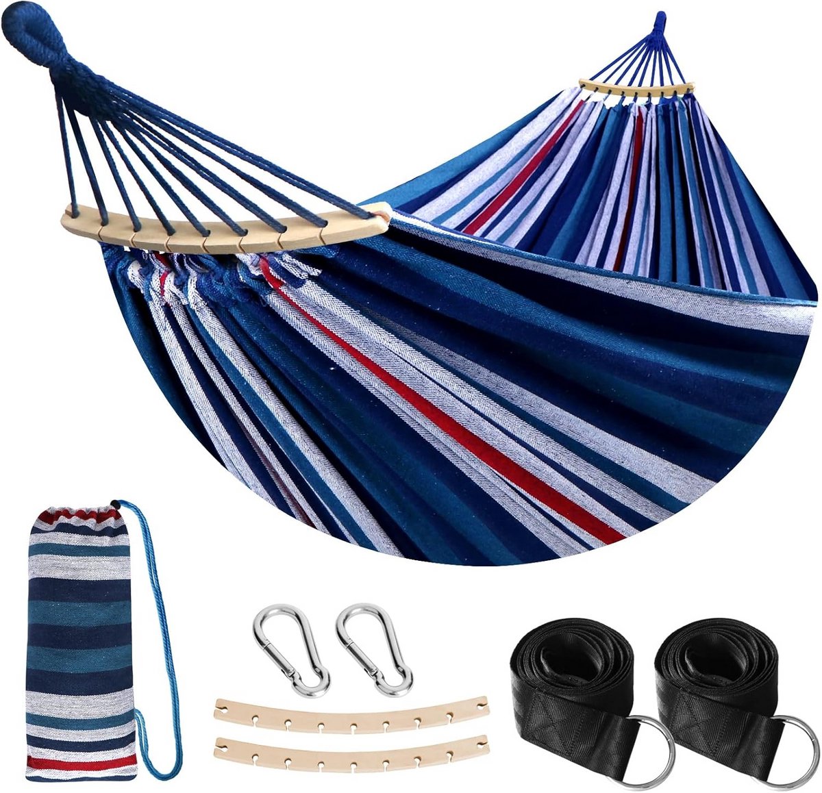 Katoenen Hangmat - Stoffen Relaxplek - Buiten Ontspannen - Met Houten Spreidstok - 210x150 cm Bed - Blauw Rood Wit