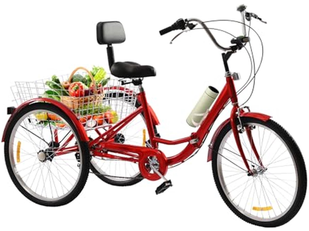 Driewieler voor volwassenen - Driewiel fiets - Boodschappen vervoeren - Met rugleuning - 24 inch - Rood