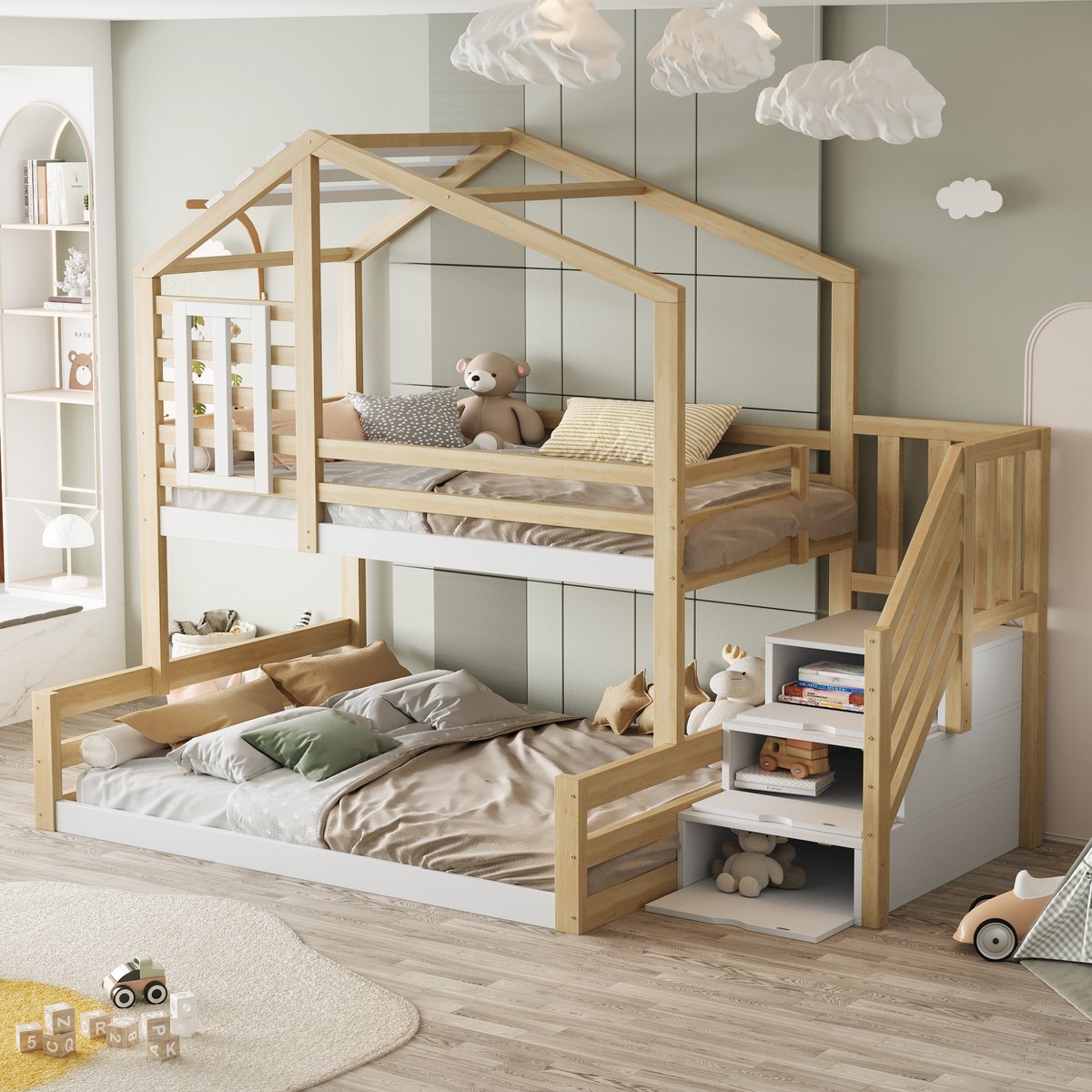 DESMIU Stapelbed 90 x 200 cm – Huisbed Met Venster En Veiligheidsrail – Ladder Met Opbergruimte – Voor Kinderkamer En Meerkindgezin – Dennenhout En MDF – Naturel – Zonder matras