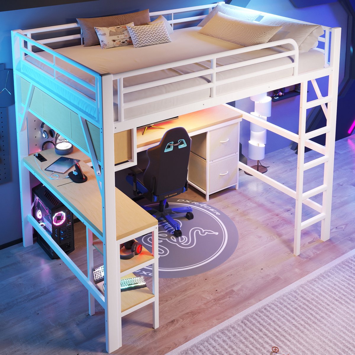 DESMIU Hoogslaper 140x200cm - Gaming Bed Met Bureau En Opbergruimte - Met Led En Oplaadpunt - Voor Jeugd En Studiekamer - Metaal En MDF - Wit - Zonder Matras