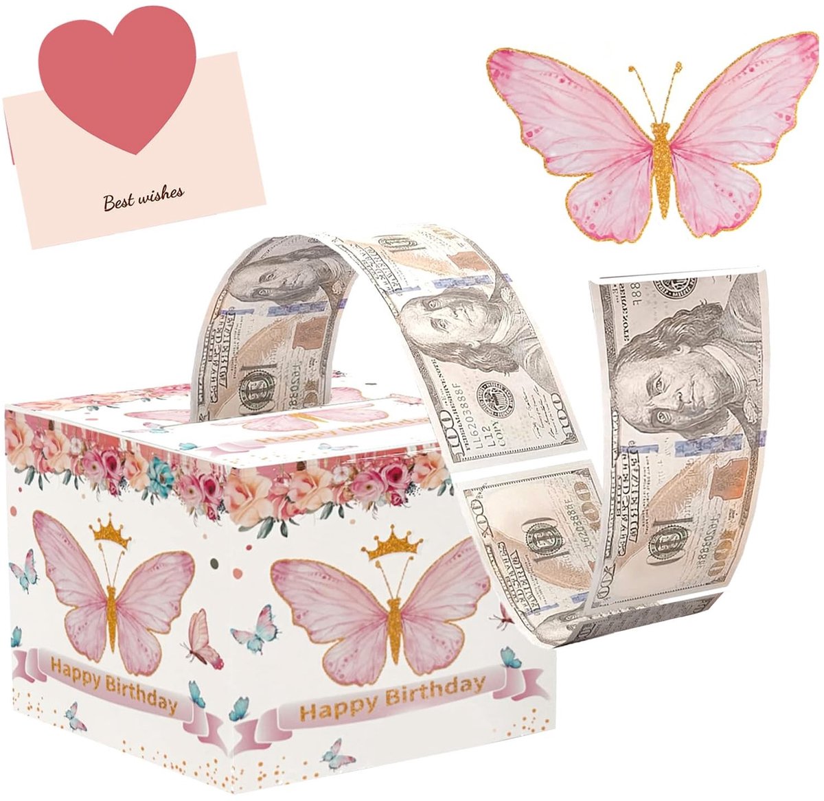 Dailygoods- Spaarpot Roze Vlinder - Verjaardag Spaarpot - Geldverrassingsdoos - Karton - 12x12x12 CM - Inclusief Wenskaart - Geldgeschenkdoos