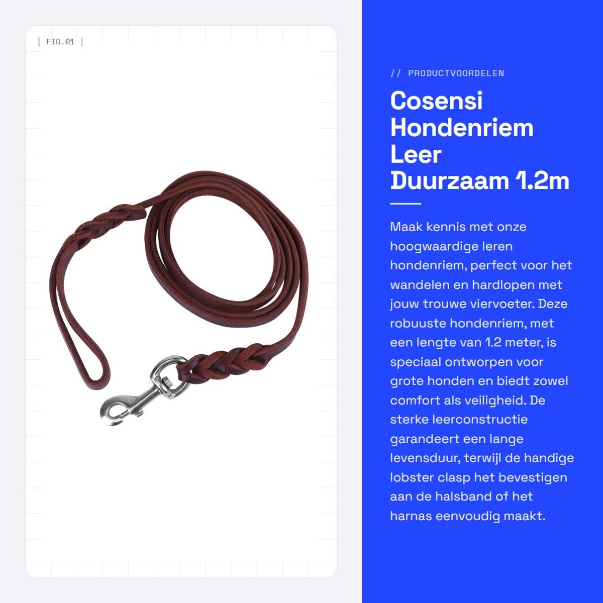 Dailygoods- Hondenriem Heavy Duty - Lederen Riem - 1,2 Meter - Karabijnhaak met Veiligheidsslot - Duurzaam - Perfect voor Wandelen/Joggen - Hondentuig