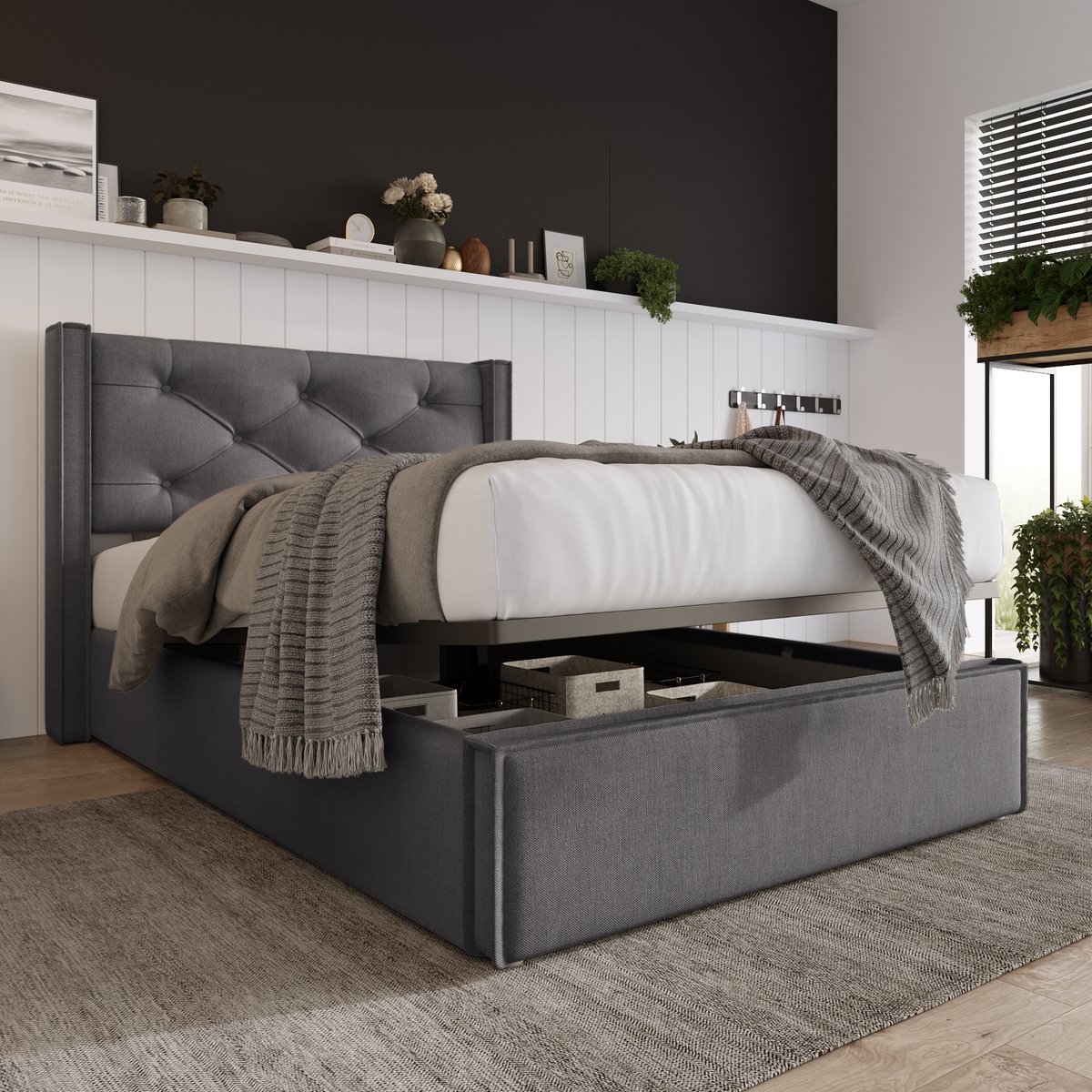 DESMIU Gestoffeerd Bed 90x200 cm – Eenpersoonsbed Met Opklapbare Lattenbodem – Bedkist Voor Slaapkamer – Retro Katoen – Grijs – Zonder Matras