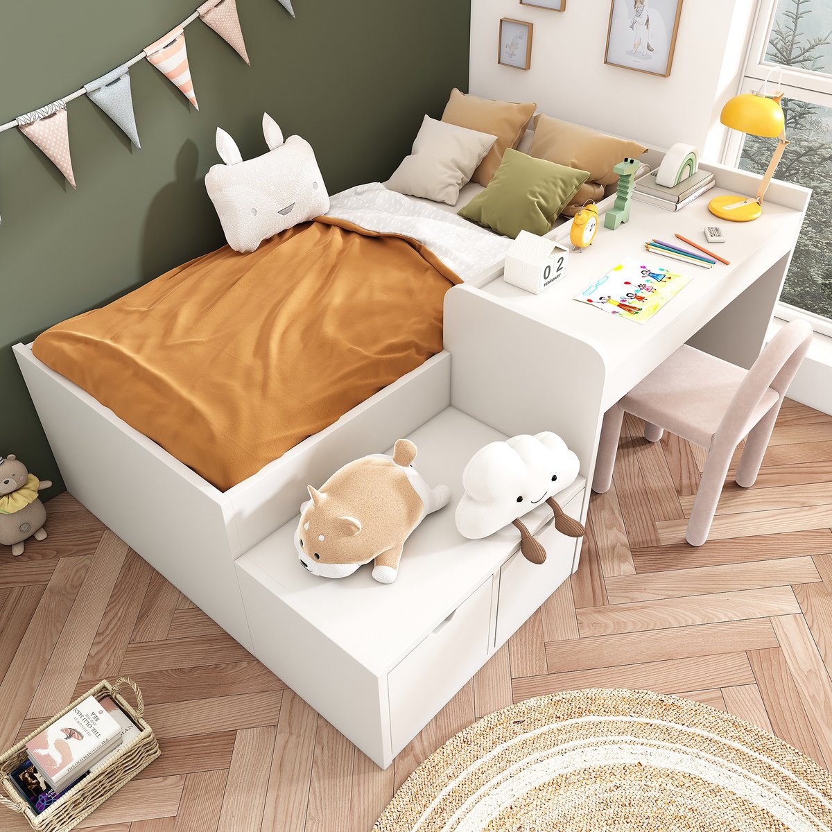DESMIU Kinderbed 90x200 cm – Eenpersoonsbed Met Bureau En Opberglades – Verzonken Bedframe Met Opbergruimte – Voor Kinderkamer – Massief Hout En MDF – Wit – Zonder matras