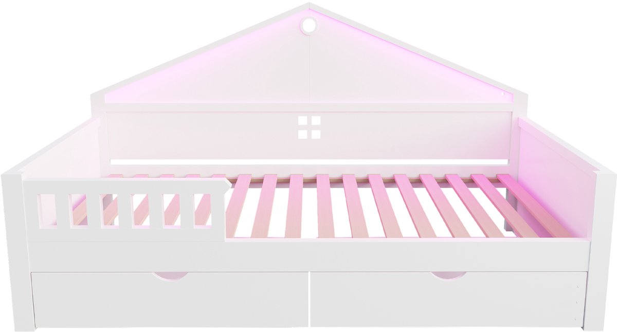 DESMIU Kinderbed 90x200 cm – Ledverlichting Met Smartphonebediening – Met 2 Opberglades – Zonder matras – Voor Jeugdslaapkamer – Hout En MDF – Wit