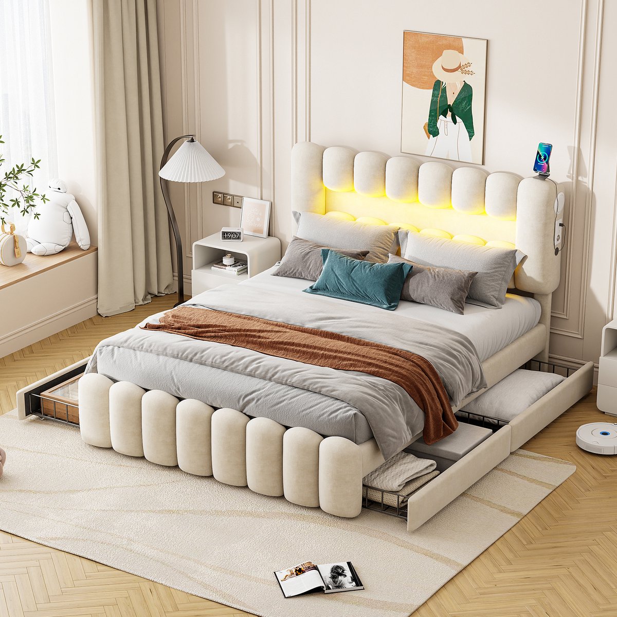 DESMIU Gestoffeerd Bed 160x200 cm – Met Luidsprekers, USB en Led-Lichtstrook – 4 Laden – Verstelbaar Hoofdbord – Fluweel – Beige – Zonder Matras