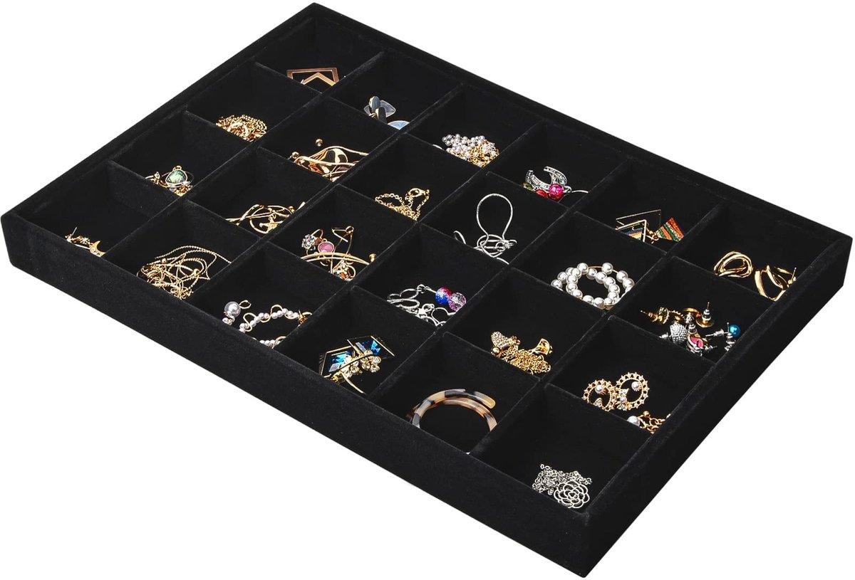 Dailygoods- Sieradentray Velvet - 24 Grids - Verstelbare Compartimenten - Opbergdoos - Stapelbaar - Elegant Design - Bescherming tegen Krassen - Sieradenopberger