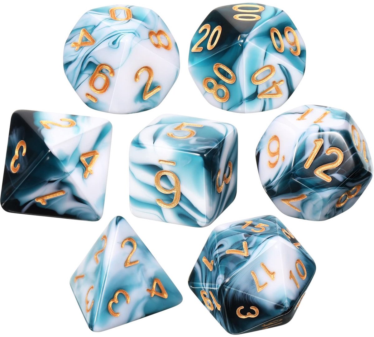 Dailygoods- Dobbelstenen Set 7-delig - Polyedrische Dobbelstenen - Dungeons & Dragons - Acryl - Heldere Goudcijfers - Mooi Cadeau - Rollenspel Dobbelstenen