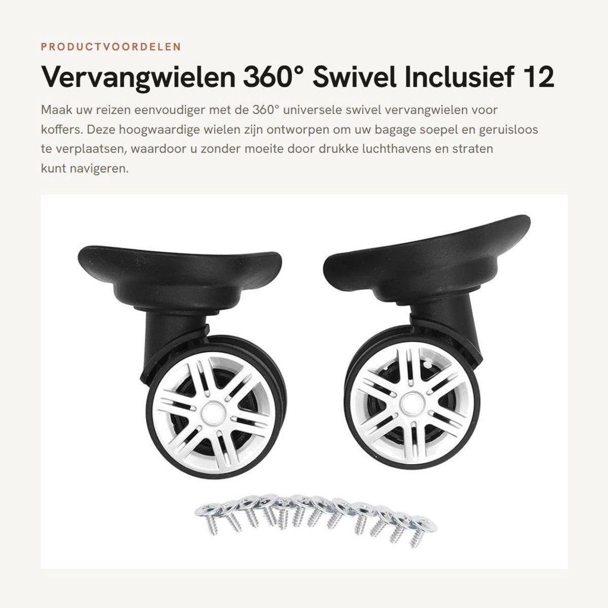 Dailygoods- Vervangwiel 360° Rotatie - Kofferwielen Vervangset - ABS Kunststof - Geluidsarm - Inclusief 12 Bevestigingsschroeven - Totale Hoogte 9,5 cm