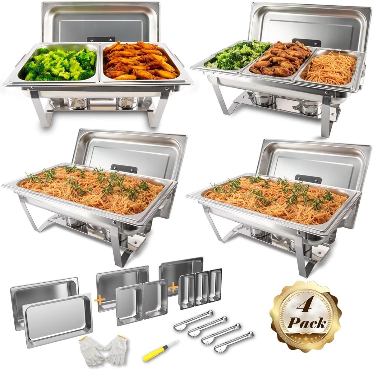 Chafing Dish Set - Buffet Warmer - Catering Buffetten - Verschillende Bakvormen - 8 QT - Zilverkleurig