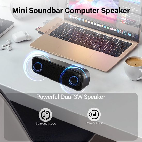 PC Luidspreker - Mini Soundbar - Muziek Luisteren - 3D Surround Stereo - 8 Watt - Zwart — afbeelding 2