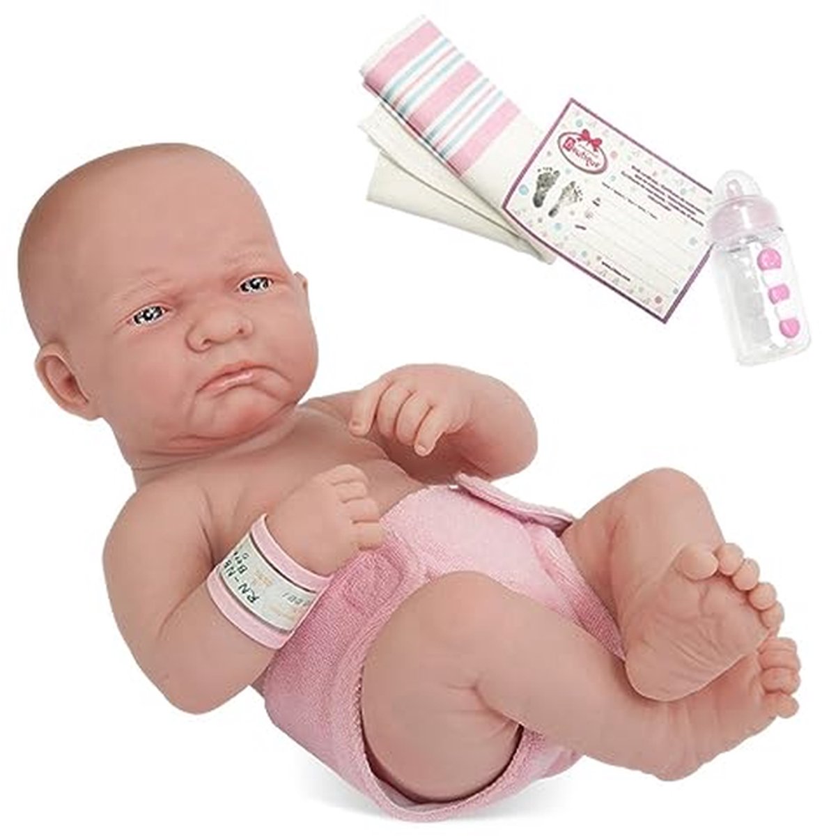 Babypop - Echt meisje - Spelend leren - Wasbaar lichaam - 3556 cm - Wit/roze outfit