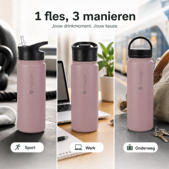 Drie roze 500ml drinkflessen: één voor sport met rietjesdop, één voor werk met dichte dop, één onderweg.