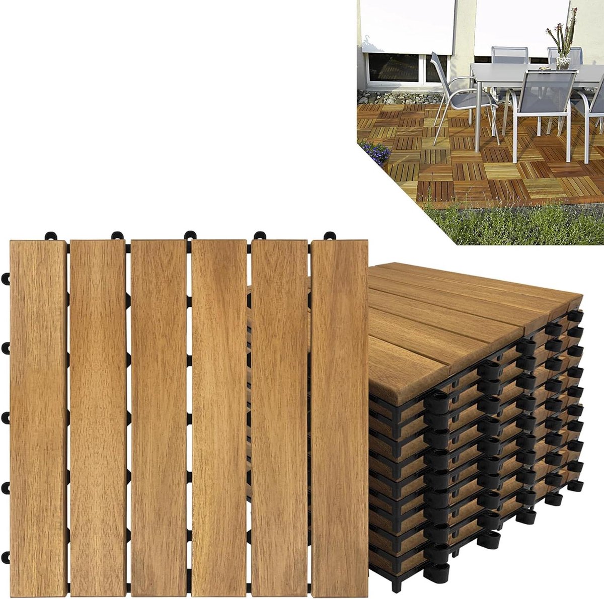 Houten Terrasdelen - Vlondertegels Balkon - Buitenruimte Verfraaien - Innovatief Kliksysteem - 55 stuks 30x30cm - Houtkleur