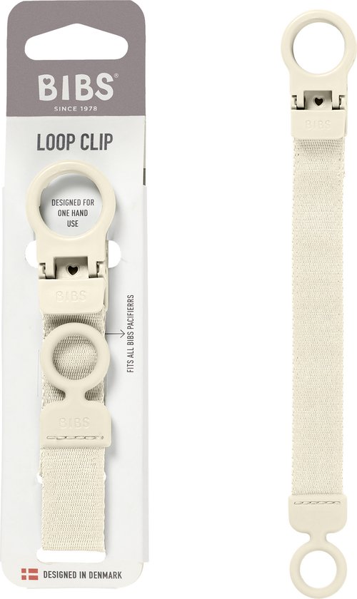 Crèmekleurige speenclip in verpakking, met lus en opdruk 'BIBS Loop Clip'.