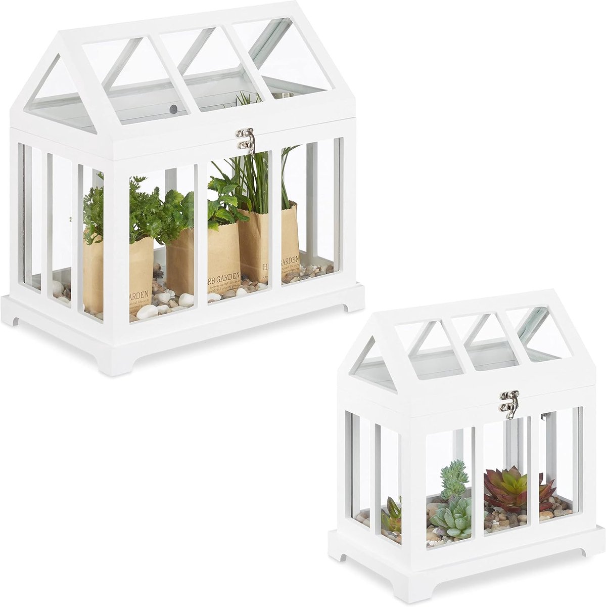 Famanu – Mini kweekkas set van 2 voor vensterbank, plantenkas binnen, glas en, voor kruiden en bloemen, wit