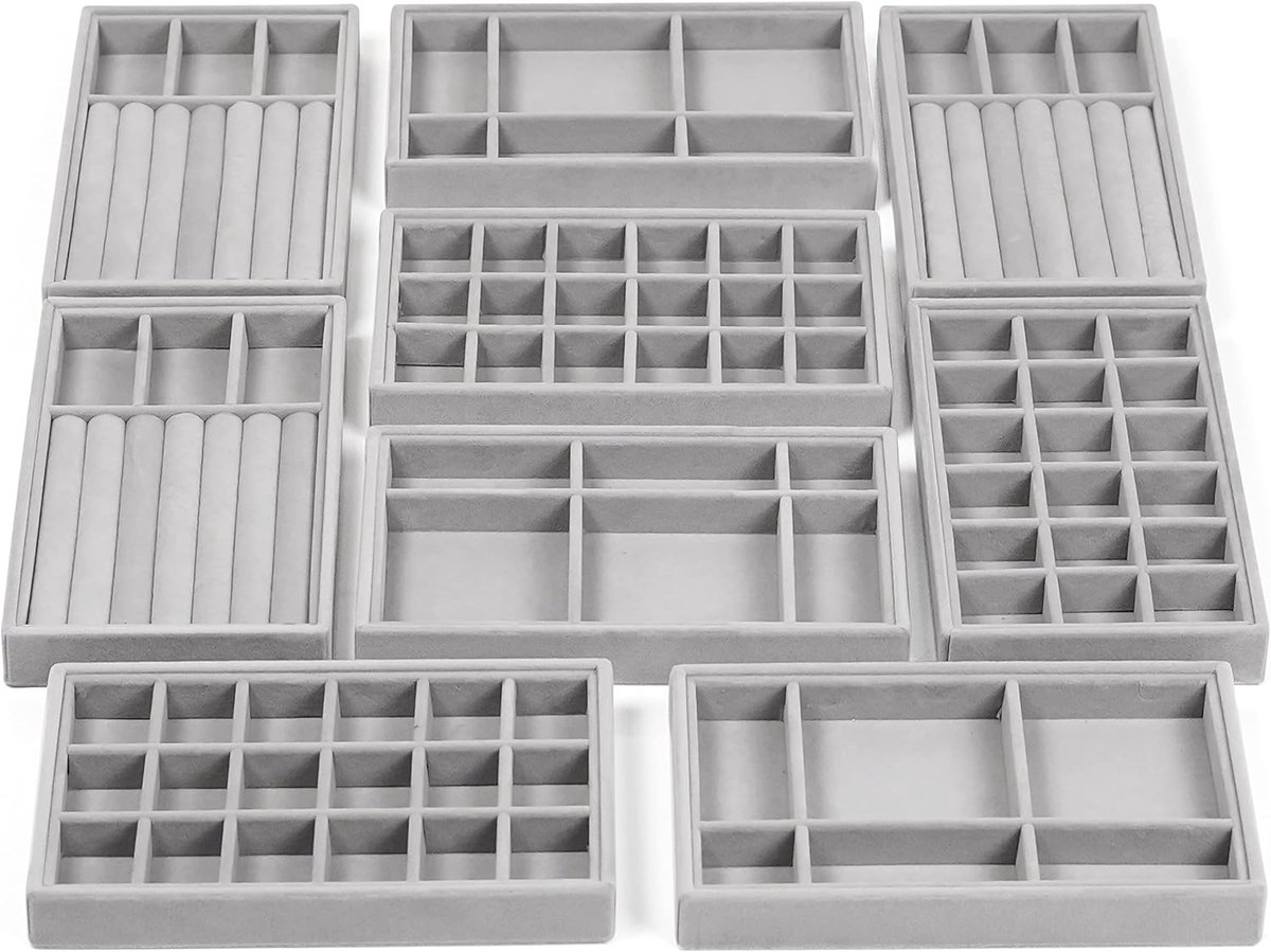 Famanu – Set van 9 grijze velours sieraden trays, stapelbare organizer voor ringen, armbanden en oorbellen, 12,3 x 21 cm