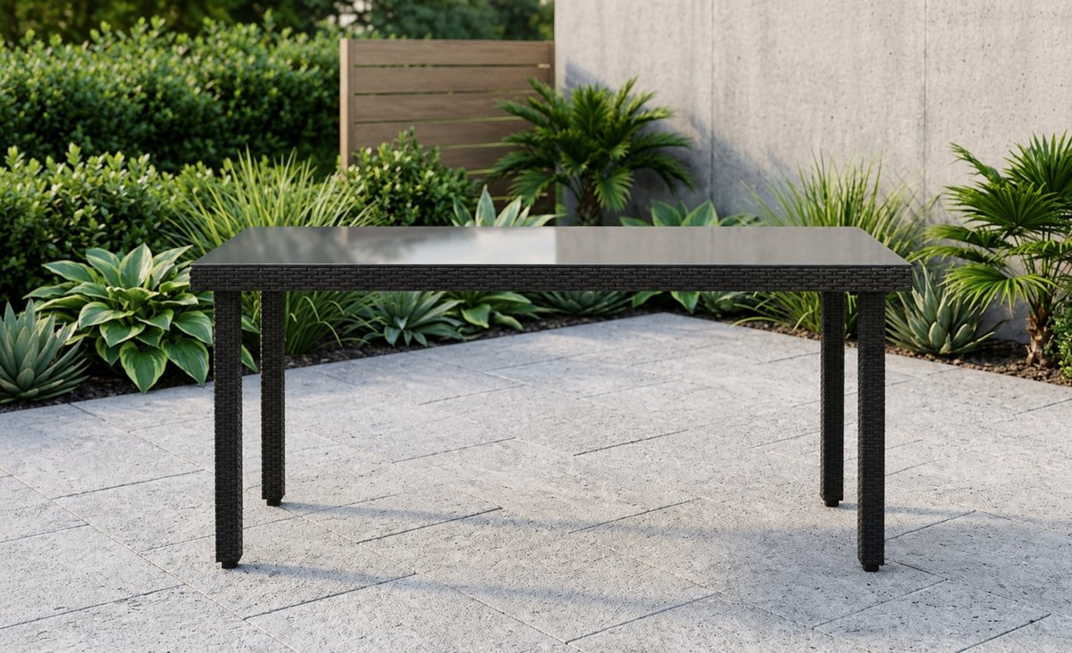 Cava Luxe Polyrotan Tuintafel met Glasplaat 160x90 cm – Weerbestendige Tuin Eettafel voor 