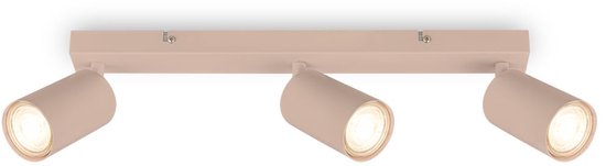 Un plafonnier beige clair avec trois spots orientables individuellement sur fond blanc.