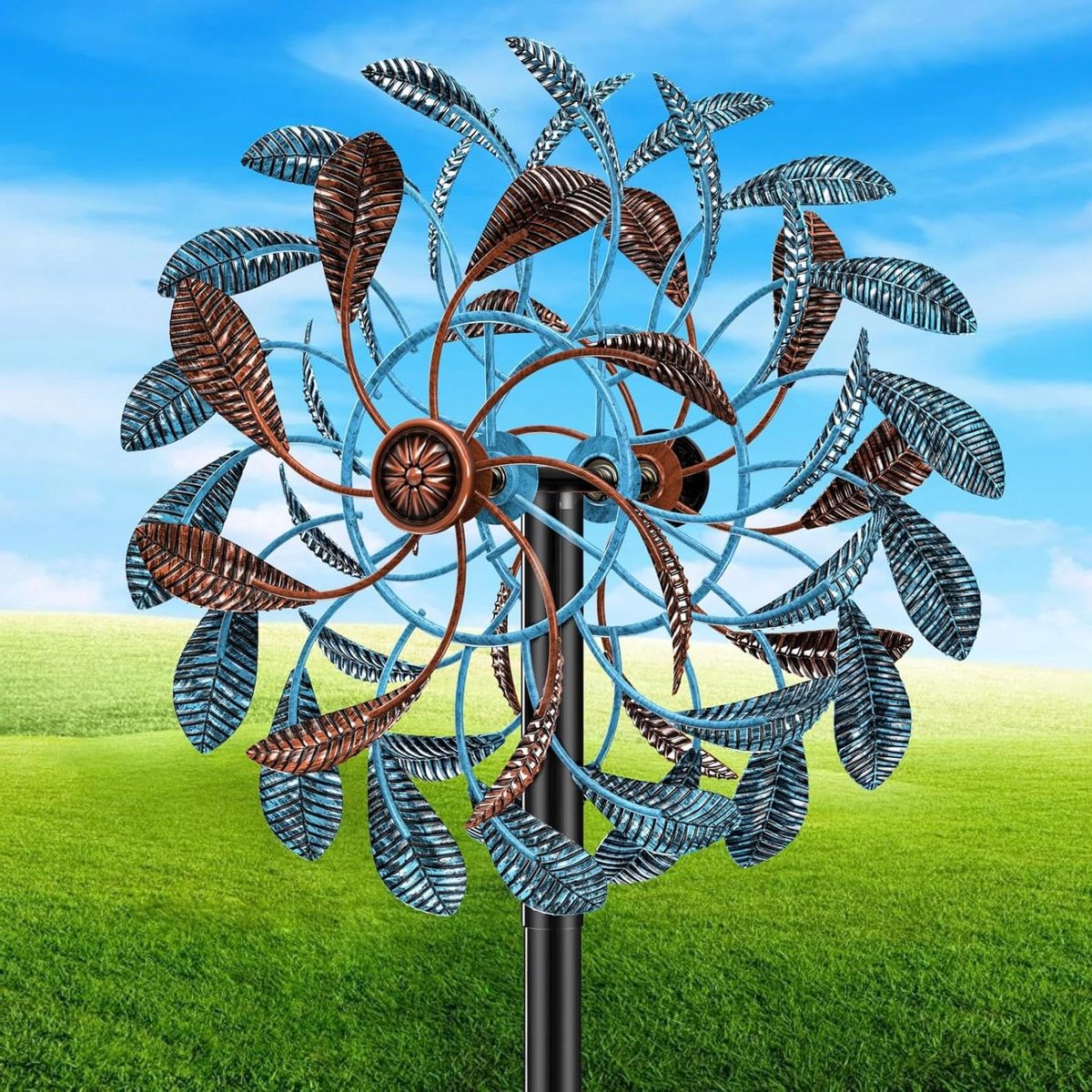 Windspinner Buiten - Windmolen Tuin - Tuin Decoratie - Dubbelzijdig Roterende Bladen - 160 cm Hoog - Blauw Bruin