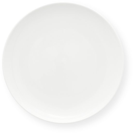 Eén wit, plat bord gezien van bovenaf.
