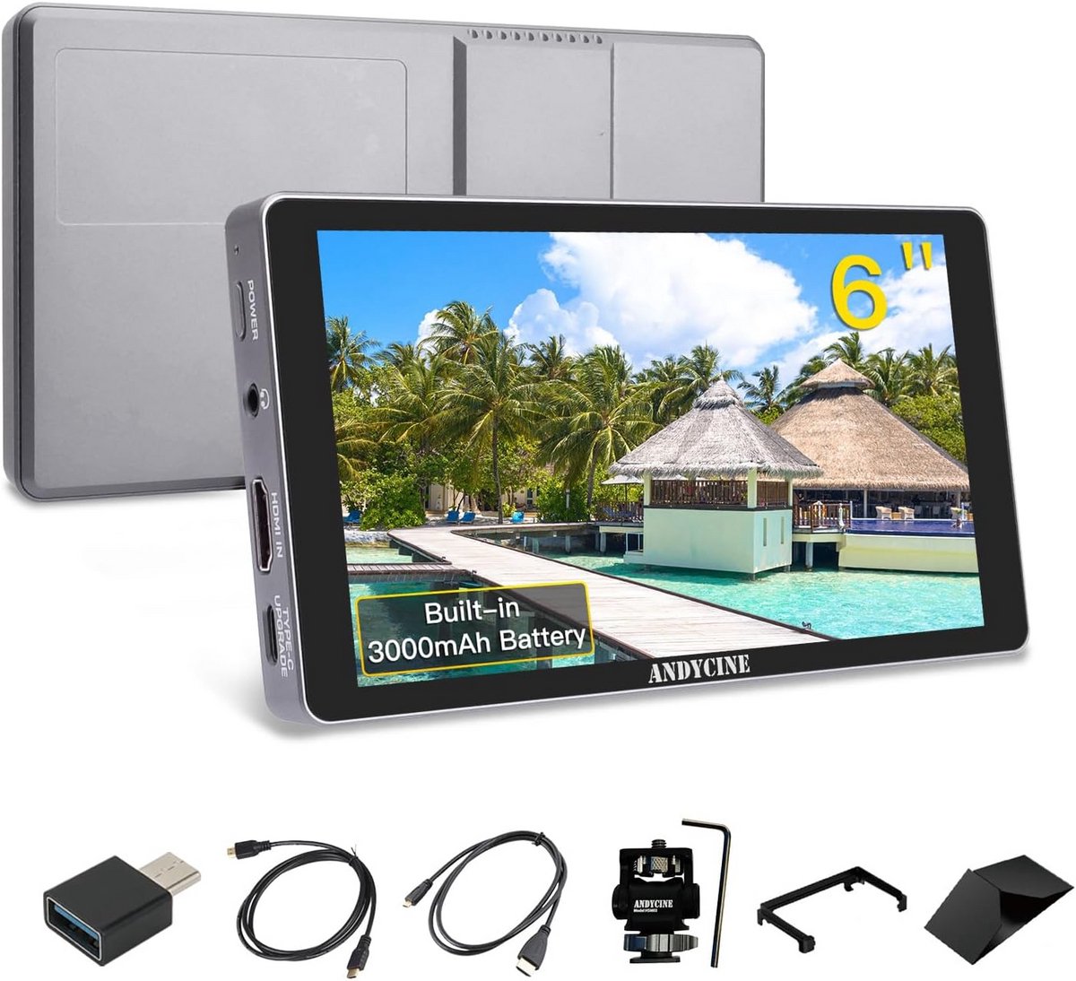 Field Monitor - Touchscreen Monitor - Video Opnames - Ingebouwde Batterij - 6 Inch Scherm - Zwart