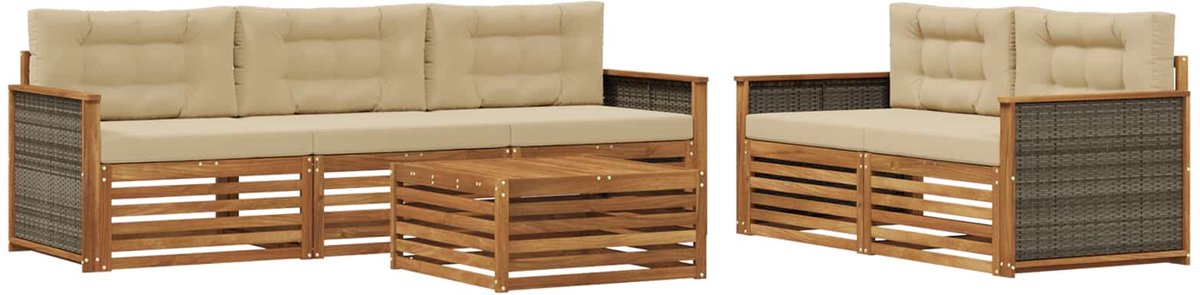 vidaXL Buiten - bank - set - 6 - st - 5-zits - Natuurlijk - en - Beige Natuurlijk en Beige