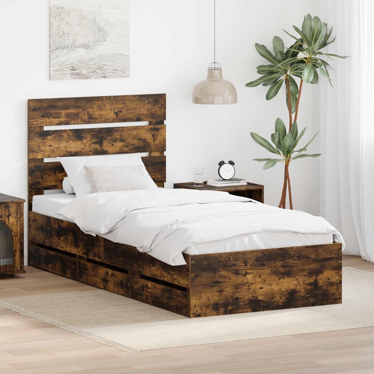 vidaXL Bedframe - met - lade - Rook - Eiken - 100 - x - 200 - cm - Ingenieurshout Gerookt eiken