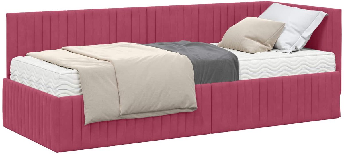 vidaXL Hoekbedframe - met - Matras - 2 - st - Wijnrood - 80 - x - 200 - cm - Fluweel