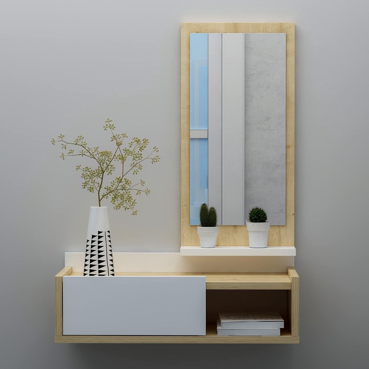 Moderne Hangspiegelkast voor de Hal met Lade en Plank in Eiken en Wit - Perfect voor Opber
