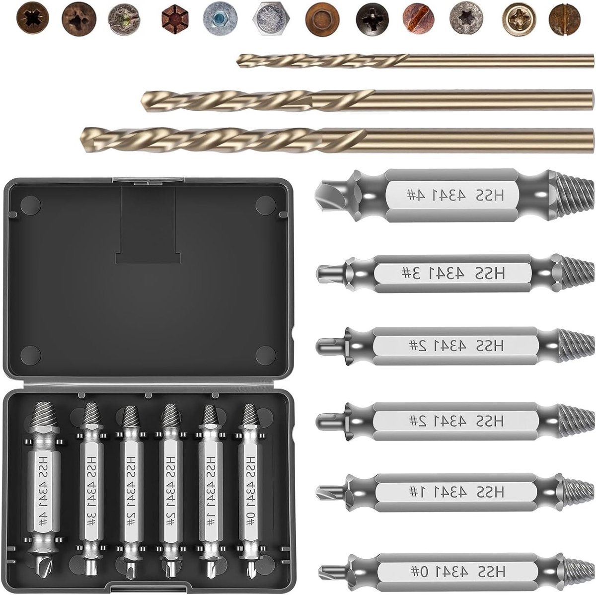 6-delige Set voor het Verwijderen van Beschadigde Schroeven, HSS 4341 Extractor Bits en Dubbelzijdige Schroefextractor voor Stripped Schroeven en Bouten
