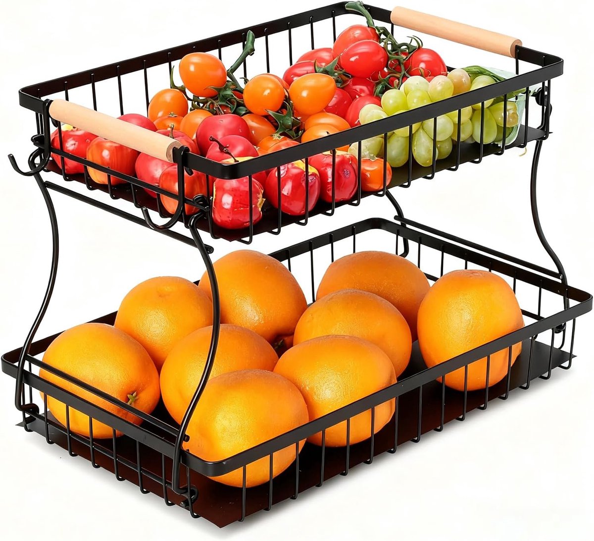 JeiibrZui Obstkorb 2 Etagen - Zwart Metalen Fruitmand Met Bananenhakers - 37x24x23 Cm - Afneembaar Design Voor Keuken Opbergen Van Groenten En Brood