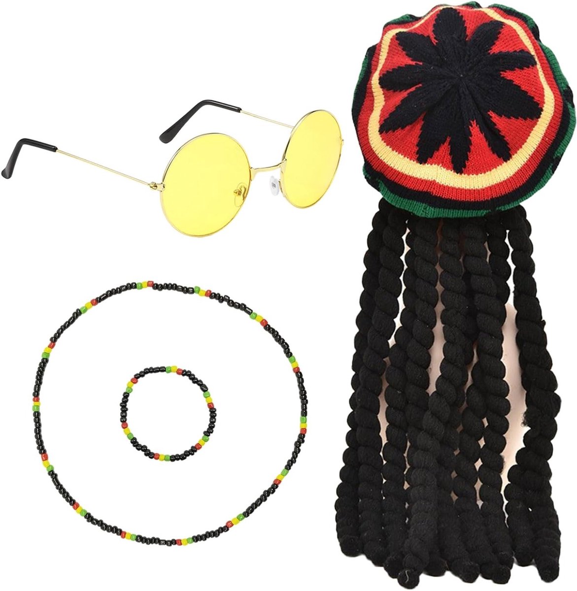 Reggae Kostuum Accessoires Set met Dreadlocks Peruc, Gele Zonnebril, Armband en Ketting voor Halloween en Verkleedpartijen