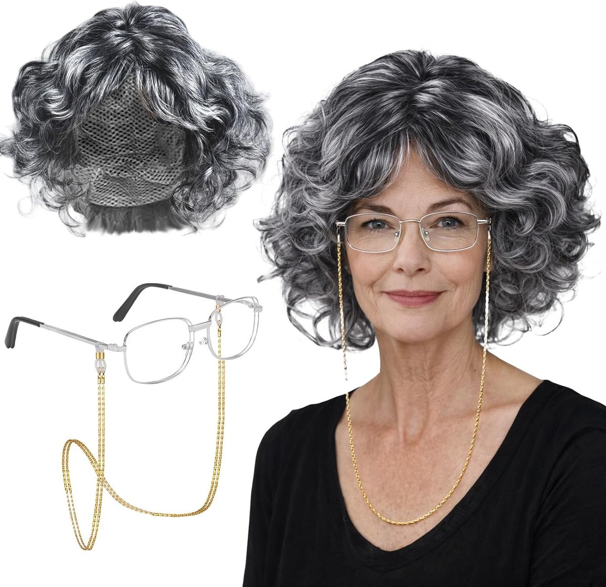 Oudere Dame Kostuum Accessoire Set, Grijze Krullende Peruk, Kraag en Bril voor Halloween en Carnaval