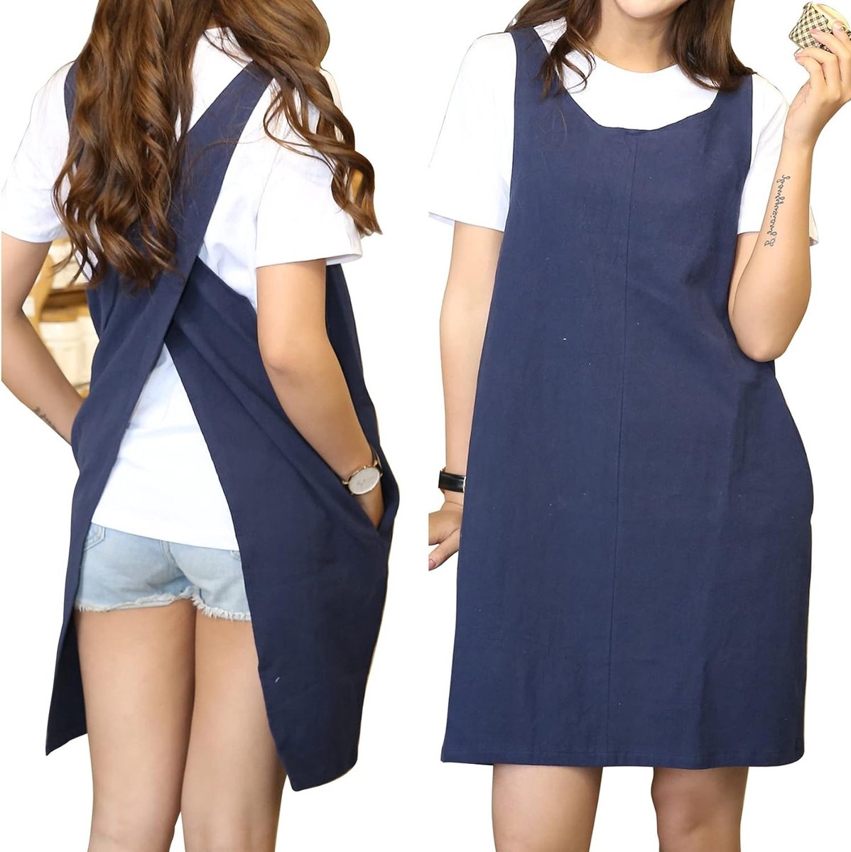 Minimalistische Schorten van Katoen/Linnen met Pocket, Perfect voor Koken, Grillen en Tuinieren, Marineblauw