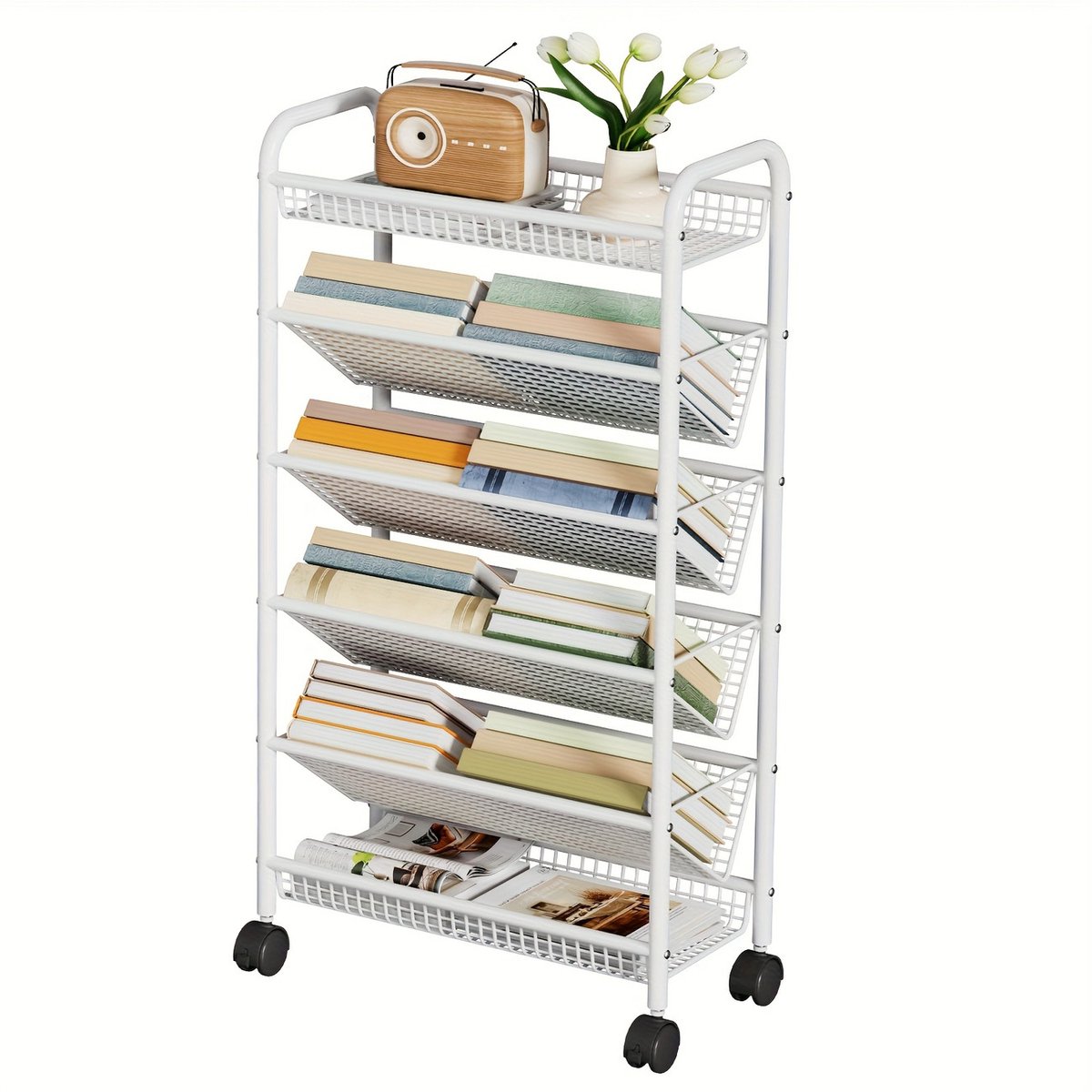 Boekenrek op Wielen met 5/6 Etages - Wit Metalen Opbergrek - Verrijdbare Organizer voor Kantoor en Thuis