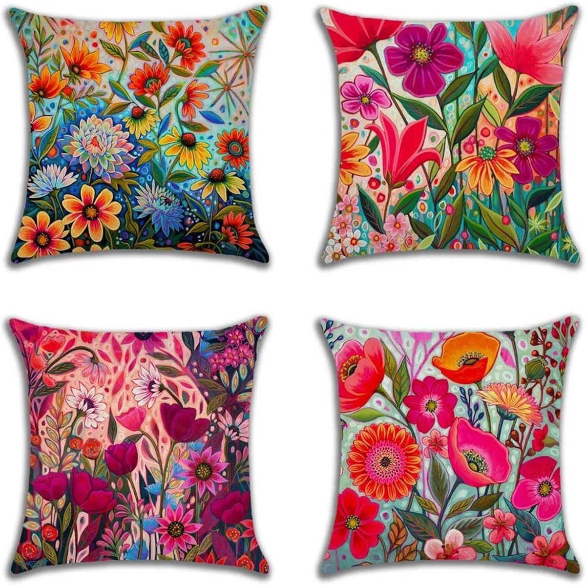 Set van 4 Kussenhoezen 40x40 cm met Kleurvolle Bloemenprint voor Sofa, Woonkamer en Tuin Decoratie